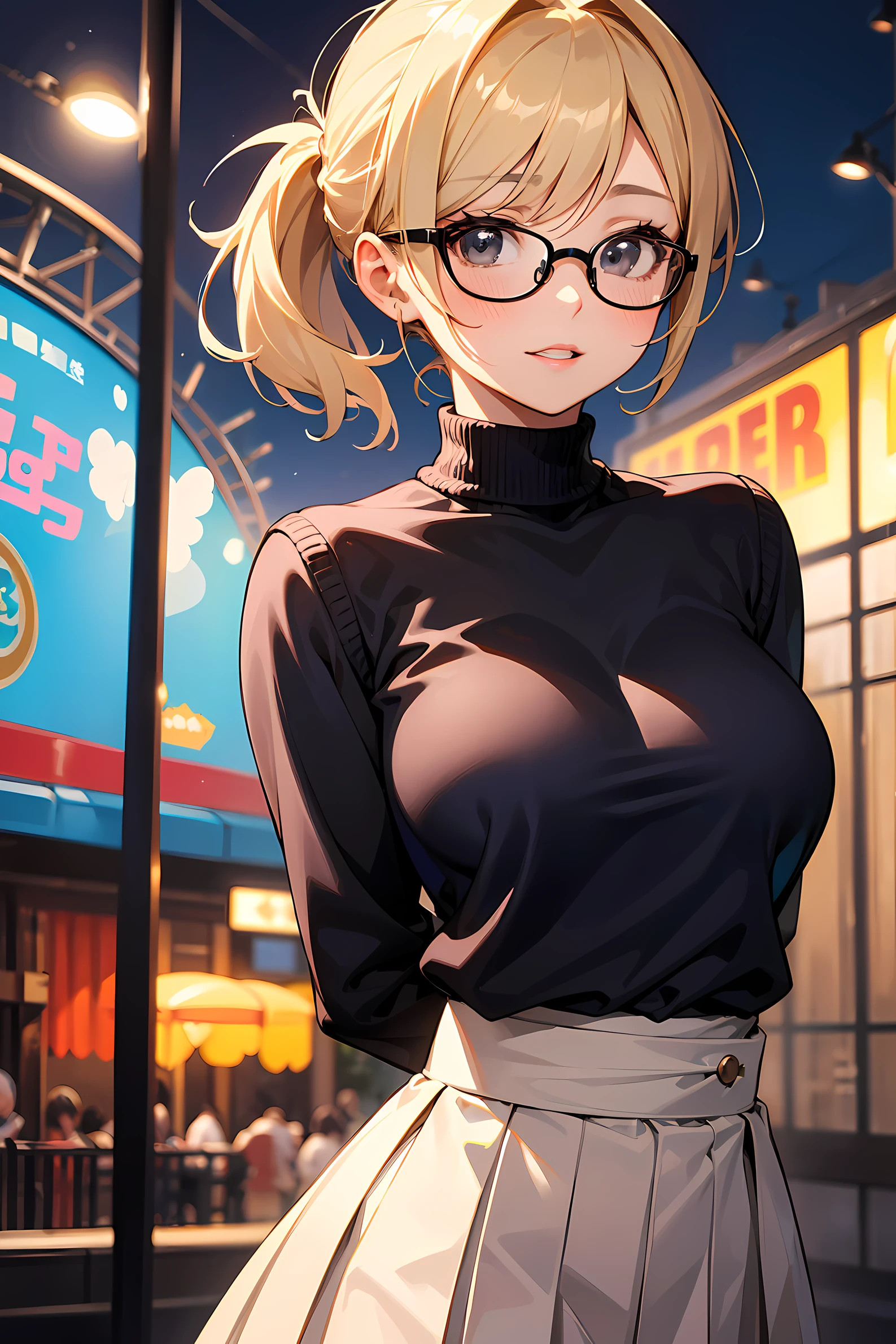 high resolution, Photo of a beautiful woman detailed_face, young handsome girl,realistic:0.5, perfect skin, (wearing a glasses:1.5), (ultra-detailed background, detailed background), bokeh, make happy expressions, happy emotion, gorgeous,pure, beautyfull detailed face and eyes,breasts, (black eyes:1.1), (a extremely pretty and beautiful Japanese woman), (sexy girl), (professional attire:1.3), (22 years old: 1.1), BREAK, (lovely outfit:1.2), (detailed blue turtleneck sweater:1.2), (beige pleats skirt:1.2), (leather boots))), cleavage, beautiful detailed skin, (cute:1.2), (blonde hair), ((jpop idol)), (upper thigh:0.6), (depth of field),soft light, Lens Glow looking at viewer, (Drooping eyes:1.2), straight teeth,smile, floating hair, (blond hair:1.2), brown eyes BREAK movie scene, cinematic, full colors, 4k, 8k, 16k, RAW photo, masterpiece, professionally color graded, professional photography, high school girl, hair up, , soft clean focus, realistic lighting and shading, (an extremely delicate and beautiful art)1.3, elegant,active angle,dynamism pose BREAK (ponytail:1.3), (shiny-black thin hair:1.2), bangs, dark brown eyes, beautiful eyes, princess eyes, (big eyes:1.3), bangs, wearing a glasses:1.3, Hair between eyes, short hair:1.3, (slender:1.1), (medium-breasts:0.95), (thin waist: 1.15), (detailed beautiful girl: 1.4), Parted lips, Red lips, full-make-up face, (shiny skin), ((Perfect Female Body)), (upper body image:1.3), Perfect Anatomy, Perfect Proportions, (most beautiful Korean actress face:1.3, extremely cute and beautiful Japanese actress face:1.3), ,(1glasses girl:1.3, solo), ,(blush:1.1), gray background, solo focus, (bust shot:1.2), cinematic light, (nostalgic night scene:1.4), (amusement park:1.4), (merry-go-round、the Ferris wheel、rollercoaster), (arms behind back :1.4), (looking at viewer:1.2