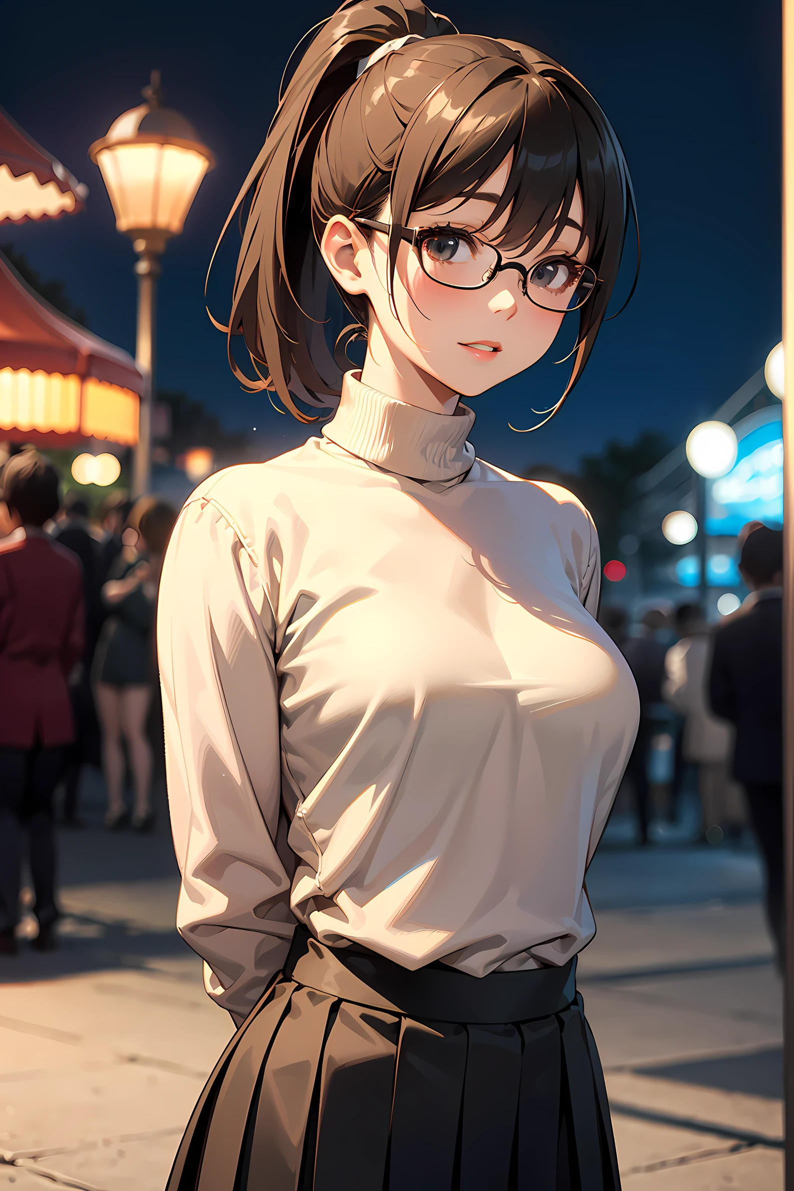 high resolution, Photo of a beautiful woman detailed_face, young handsome girl,realistic:0.5, perfect skin, (wearing a glasses:1.5), (ultra-detailed background, detailed background), bokeh, make happy expressions, happy emotion, gorgeous,pure, beautyfull detailed face and eyes,breasts, (black eyes:1.1), (a extremely pretty and beautiful Japanese woman), (sexy girl), (professional attire:1.3), (22 years old: 1.1), BREAK, (lovely outfit:1.2), (detailed blue turtleneck sweater:1.2), (beige pleats skirt:1.2), (leather boots))), cleavage, beautiful detailed skin, (cute:1.2), (blonde hair), ((jpop idol)), (upper thigh:0.6), (depth of field),soft light, Lens Glow looking at viewer, (Drooping eyes:1.2), straight teeth,smile, floating hair, (blond hair:1.2), brown eyes BREAK movie scene, cinematic, full colors, 4k, 8k, 16k, RAW photo, masterpiece, professionally color graded, professional photography, high school girl, hair up, , soft clean focus, realistic lighting and shading, (an extremely delicate and beautiful art)1.3, elegant,active angle,dynamism pose BREAK (ponytail:1.3), (shiny-black thin hair:1.2), bangs, dark brown eyes, beautiful eyes, princess eyes, (big eyes:1.3), bangs, wearing a glasses:1.3, Hair between eyes, short hair:1.3, (slender:1.1), (medium-breasts:0.95), (thin waist: 1.15), (detailed beautiful girl: 1.4), Parted lips, Red lips, full-make-up face, (shiny skin), ((Perfect Female Body)), (upper body image:1.3), Perfect Anatomy, Perfect Proportions, (most beautiful Korean actress face:1.3, extremely cute and beautiful Japanese actress face:1.3), ,(1glasses girl:1.3, solo), ,(blush:1.1), gray background, solo focus, (bust shot:1.2), cinematic light, (nostalgic night scene:1.4), (amusement park:1.4), (merry-go-round、the Ferris wheel、rollercoaster), (arms behind back :1.4), (looking at viewer:1.2