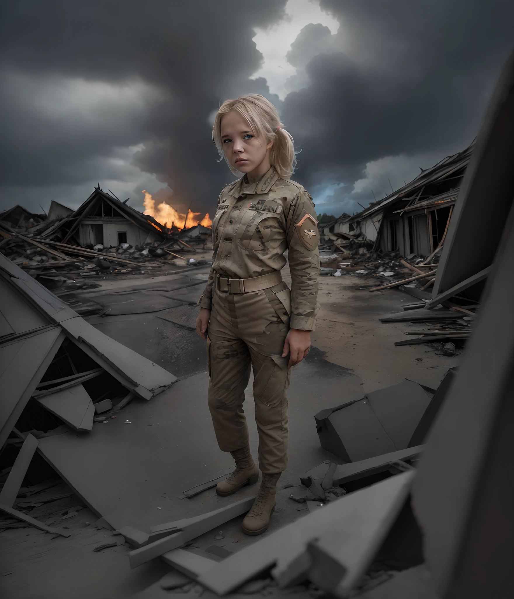 una sola soldado mujer rubia y triste en los escombros de una choza de barrio pobre destruida en la guerra de Vietnam, (uniforme del ejército:1.4), Manos detrás de la espalda, cielo tormentoso en el fondo, (escombros en llamas) , Nikon D850 Fotografía de película, colores ricos hiper realista textura realista iluminación dramática, (wearing full uniforme del ejército : 1.3)