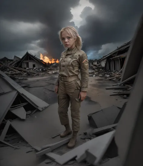 a lone blond sad female soldier in the debris of a destroied slum hut village in the vietnam war, (army uniform:1.4), hands behi...