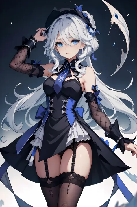 Slit dress, ribbon, blowing air, arms stretched, oversized dress, silver hair, azure eyes, fishnet, garter belt, tip toe standing, torn clothes, bruised arms
