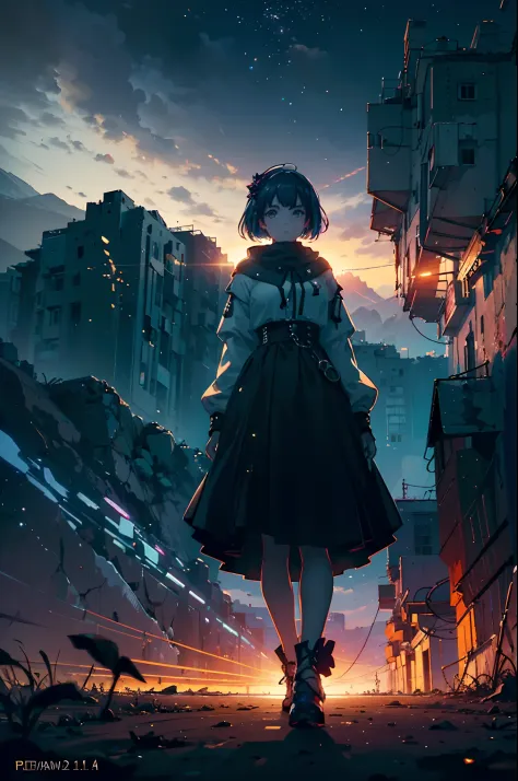 Panoramic photography of expansive landscape, (View from below overlooking the sky and street below), Cyberpunk girl standing in...