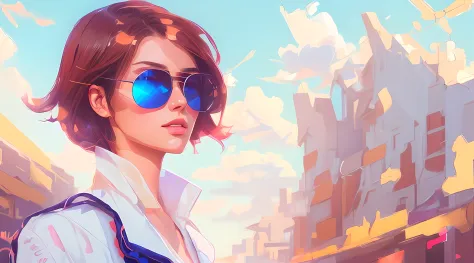 anime girl with sunglasses and a white shirt and a blue tie, jen bartel, in illustration style digital, estilo de arte digital, ...