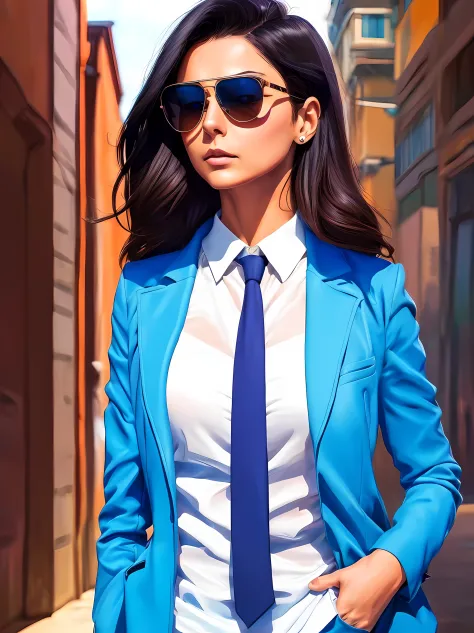 anime girl with sunglasses and a white shirt and a blue tie, inspirada em morena baccarin, como morena baccarin, in illustration...