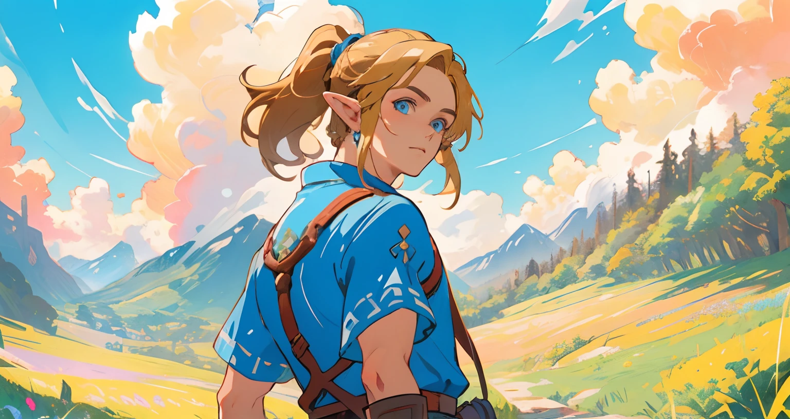 (Award Winning Digital Artwork:1.3) of (Ultra detailed:1.3) solo male, 1 guy, (bright blue eyes), (blond hair ponytail with bangs and side locks1.3), beautiful forest, handsome, straps, gorgeous,CGSociety,ArtStation, forest, fantasy, breath of the wild, botw, extremely detailed face, detailed face, beautiful detailed eyes, clear eyes, beautiful hair. Hyrule kingdom, rolling hills, amazing background, beautiful fields, (wildlife) wide open fields, dancing grass, blue skies, lovely skies, big clouds, masterpiece, perfections, wallpaper, 8k, link, tloz, ((handsome man)) looking back at viewer, adventurer, on an adventure