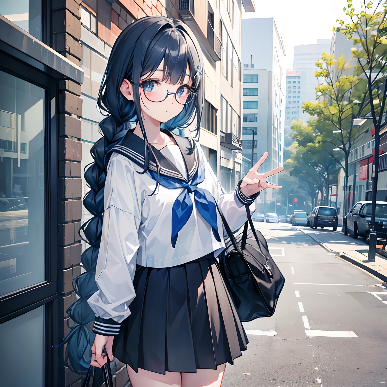 Chica anime con uniforme escolar posando para una foto en una calle. -  SeaArt AI