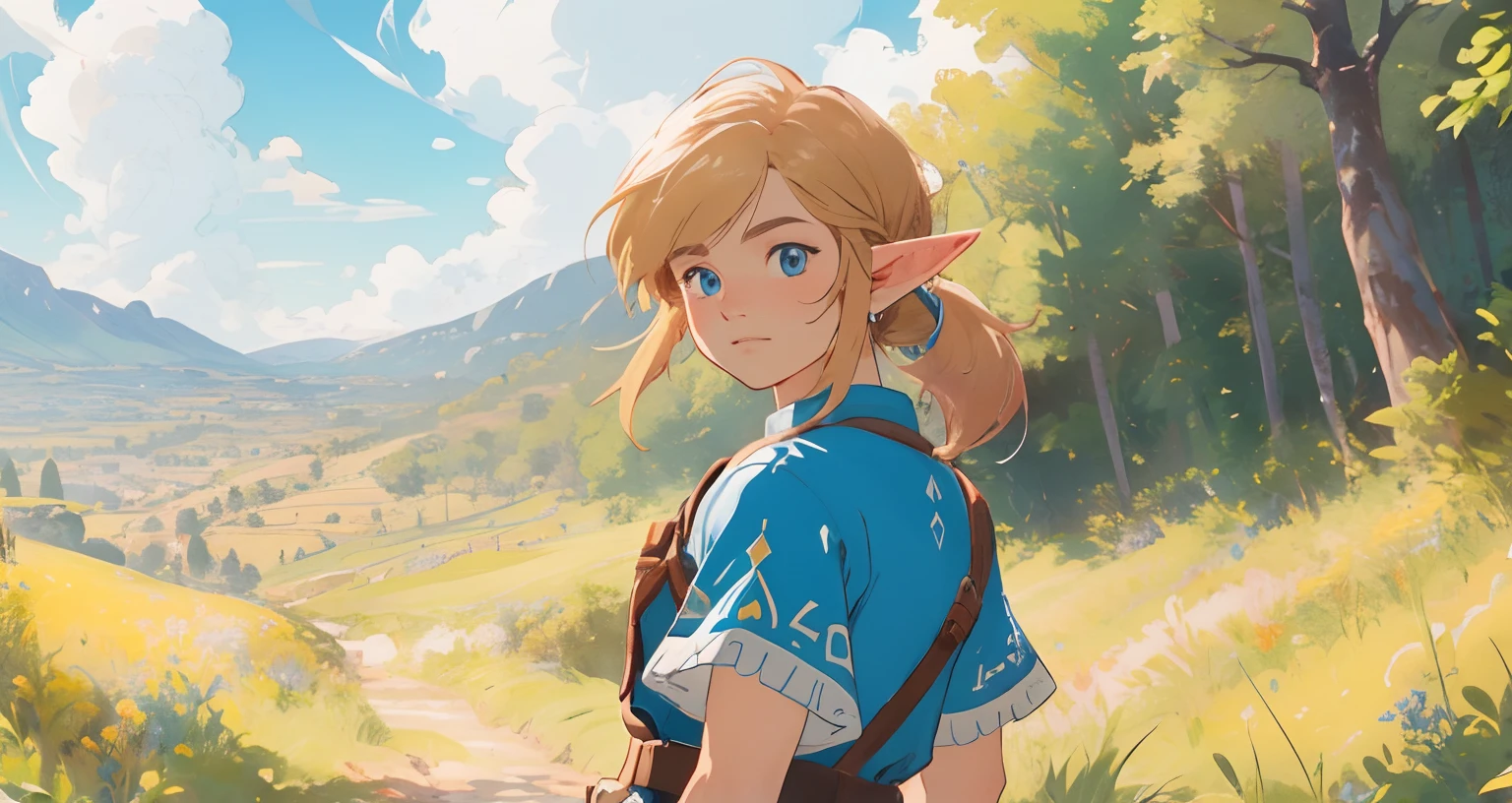 (Award Winning Digital Artwork:1.3) of (Ultra detailed:1.3) solo male, 1 guy, (bright blue eyes), (short blond hair, small ponytail with bangs and side locks 1.3), beautiful forest, handsome, straps, gorgeous,CGSociety,ArtStation, forest, fantasy, breath of the wild, botw, extremely detailed face, detailed face, beautiful detailed eyes, clear eyes, beautiful hair. Hyrule kingdom, rolling hills, amazing background, beautiful fields, (wildlife) wide open fields, dancing grass, blue skies, lovely skies, big clouds, masterpiece, perfections, wallpaper, 8k, link, tloz, ((handsome elf man)) looking back at viewer, adventurer, on an adventure