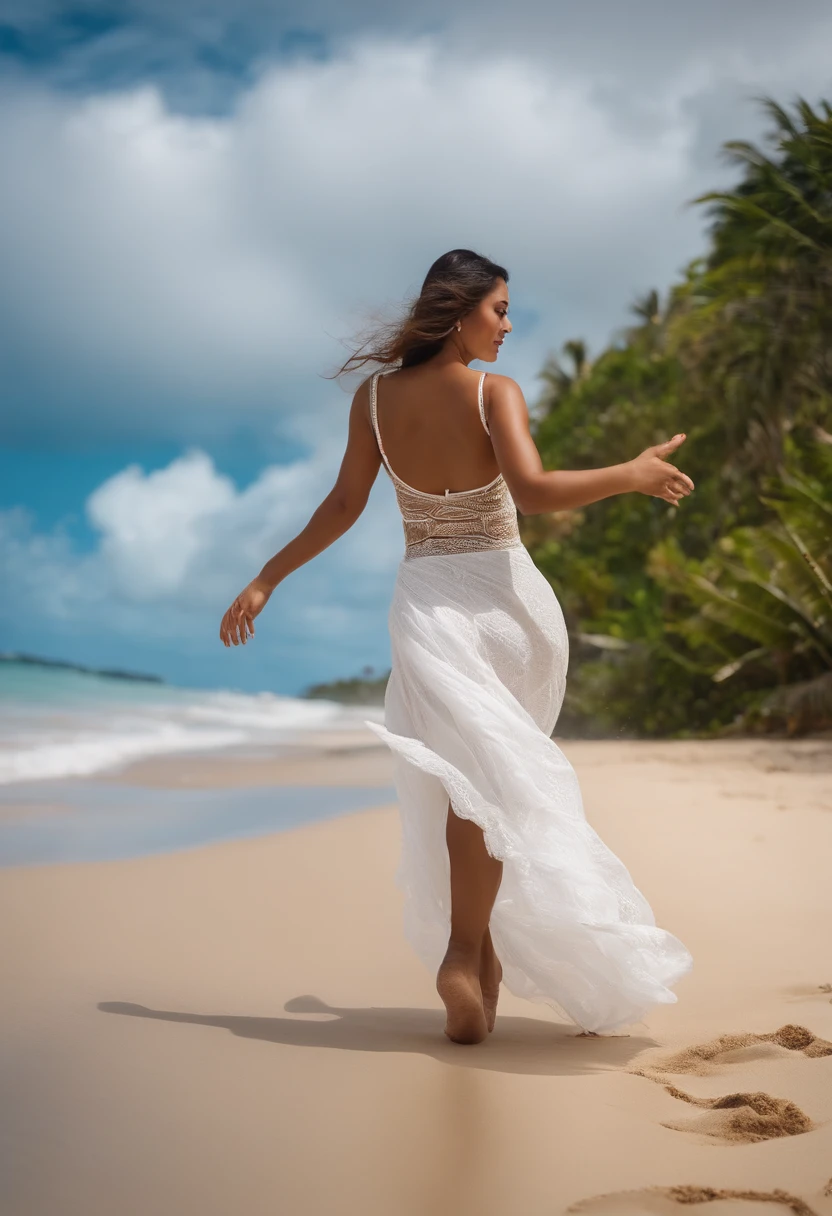 A woman in a white dress walking on a beach near the ocean - SeaArt AI