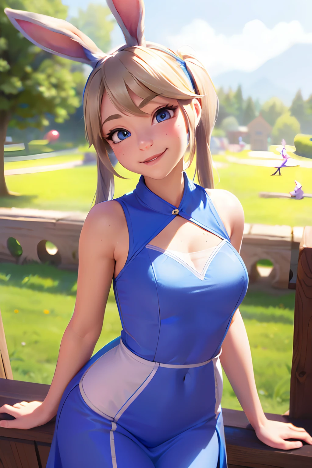 A woman in a blue dress with bunny ears posing for a picture - SeaArt AI