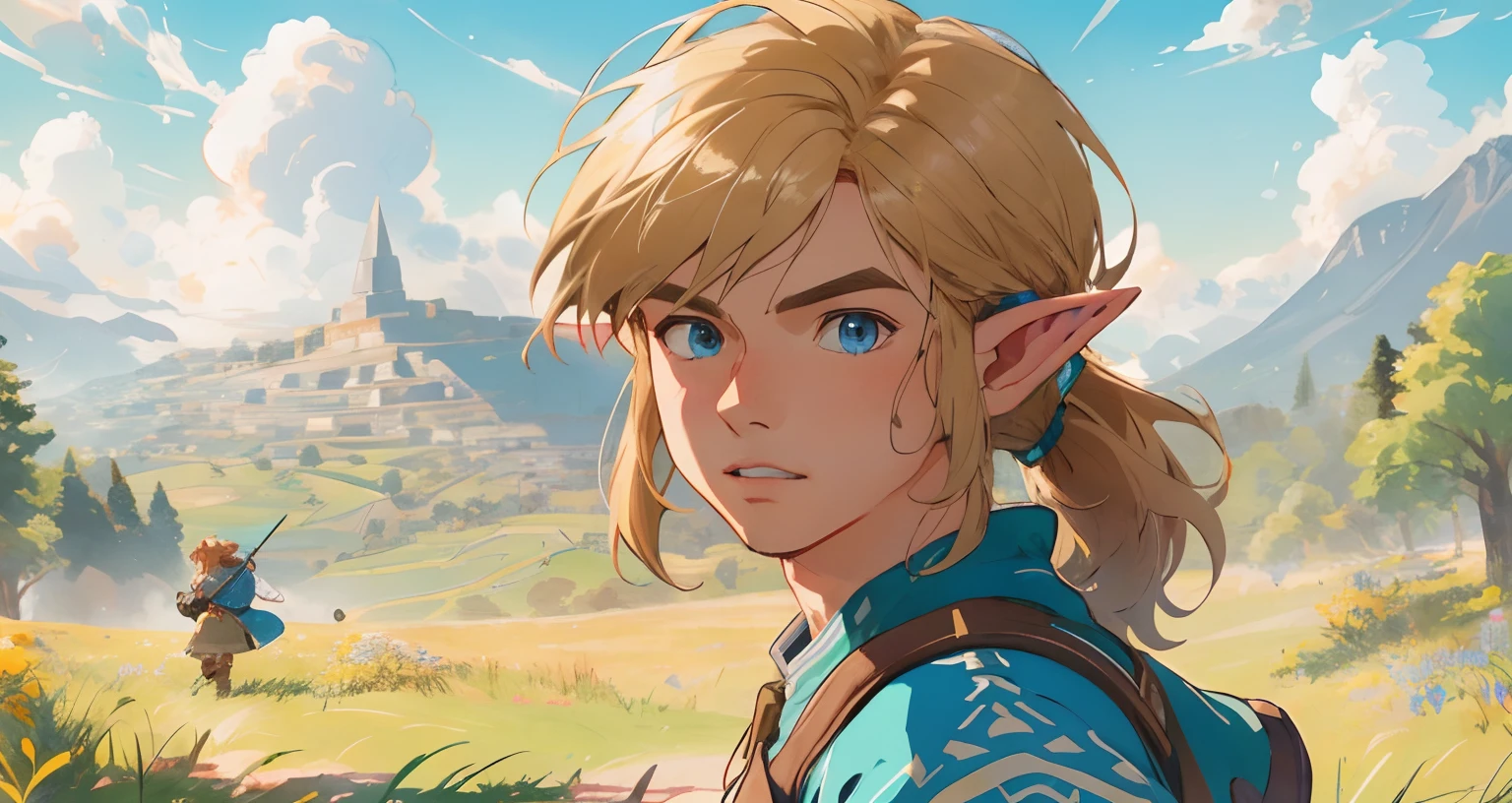 (Award Winning Digital Artwork:1.3) of (Ultra detailed:1.3) solo male, 1 guy, (bright blue eyes), (short blond hair, small ponytail with bangs and side locks 1.3), beautiful forest, handsome, straps, gorgeous,CGSociety,ArtStation, forest, fantasy, breath of the wild, botw, extremely detailed face, detailed face, beautiful detailed eyes, clear eyes. Hyrule kingdom, rolling hills, amazing background, beautiful fields, (wildlife) wide open fields, dancing grass, blue skies, lovely skies, big clouds, masterpiece, perfections, wallpaper, 8k, link, tloz, ((handsome elf man)) adventurer, on an adventure