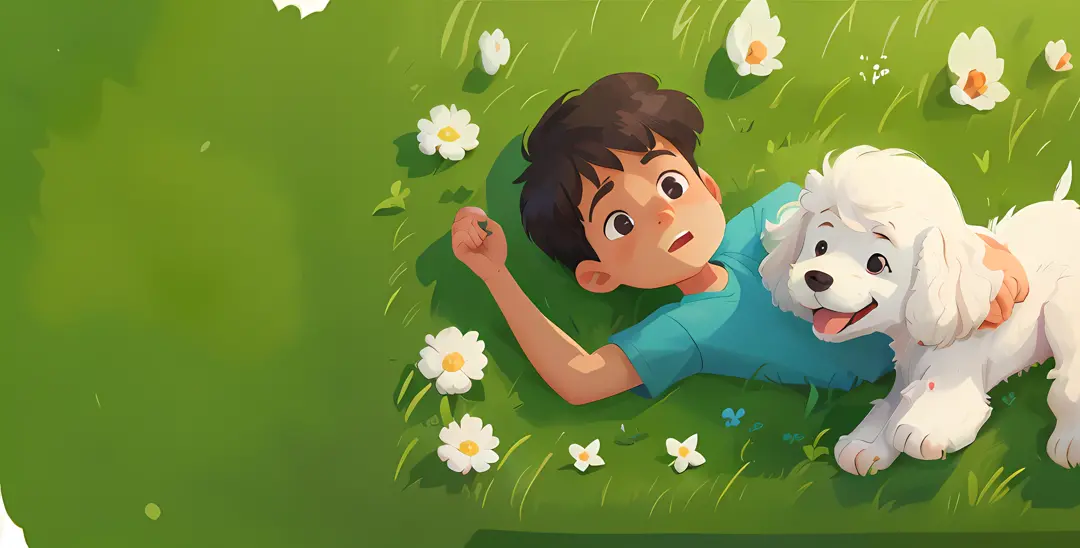 Cartoon boy lying on the grass with a white dog on his lap, kids book illustration, kids book illustration, illustration for chi...