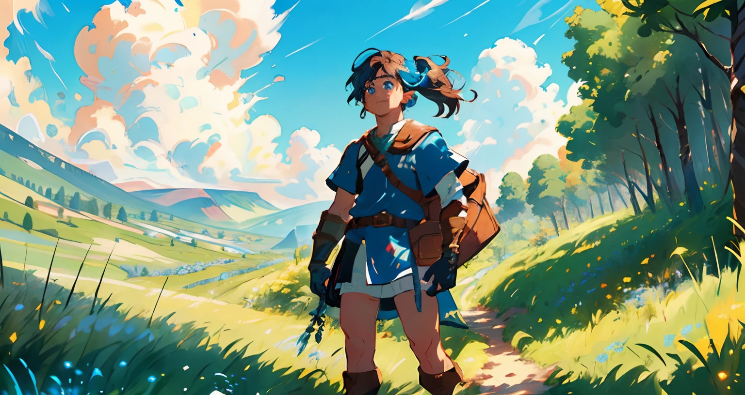 (Award Winning Digital Artwork:1.3) of (Ultra detailed:1.3) solo male, 1 guy, (bright blue eyes), (short blond hair, small ponytail with bangs and side locks 1.3), beautiful forest, handsome, straps, gorgeous,CGSociety,ArtStation, forest, fantasy, breath of the wild, botw, extremely detailed face, detailed face, beautiful detailed eyes, clear eyes. Hyrule kingdom, rolling hills, amazing background, beautiful fields, (wildlife) wide open fields, dancing grass, blue skies, lovely skies, big clouds, masterpiece, perfections, wallpaper, 8k, link, tloz, ((handsome elf man)) adventurer, on an adventure