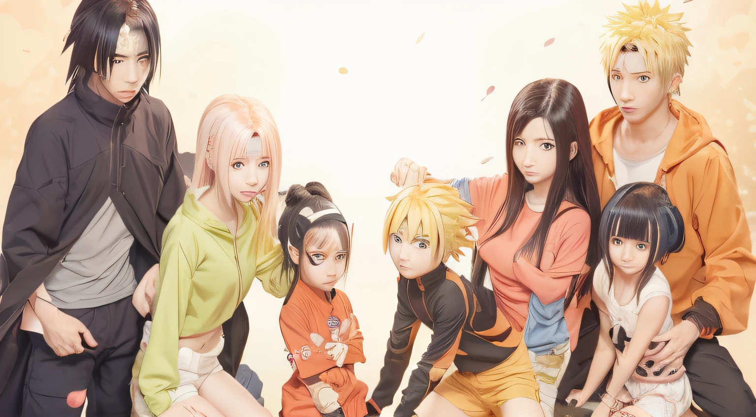 Anime characters posing for a group photo with a yellow background, from naruto, hyuga Hinata, high quality fanart, by Shingei, naruto artstyle, official fanart, in anime style, hyuga Hinata, naruto, glad!!!, sankakucomplex anime image, trending anime art, Dynamic!!, naruto uzumaki, detailed fanart, 8k!!