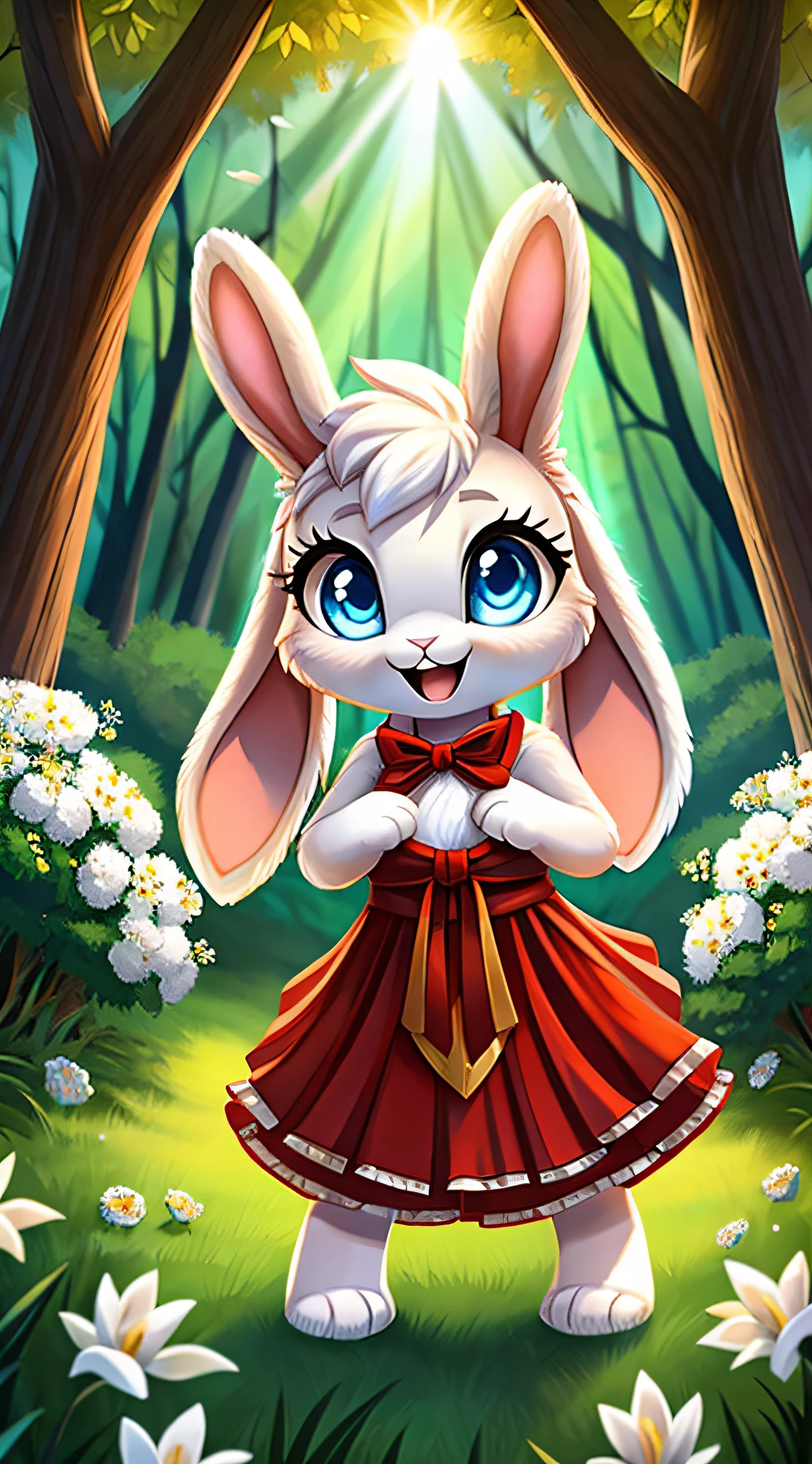 zoomed out image, fantasy style art, cute, adorable, short character, small, tiny little fluffy female white bunny with blue eyes, 4 ears, 2 extra ears, big floppy ears, long ears, ears perked up, raised ears, long eyelashes, poofy rabbit tail, wearing a red frilly ribbon dress, smiling, standing in a forest, big expressive smile, open mouth, wide eyes, excited eyes, excited face, stunning visuals, sunlight coming through the trees, white flowers scattered in the bushes, digital illustration