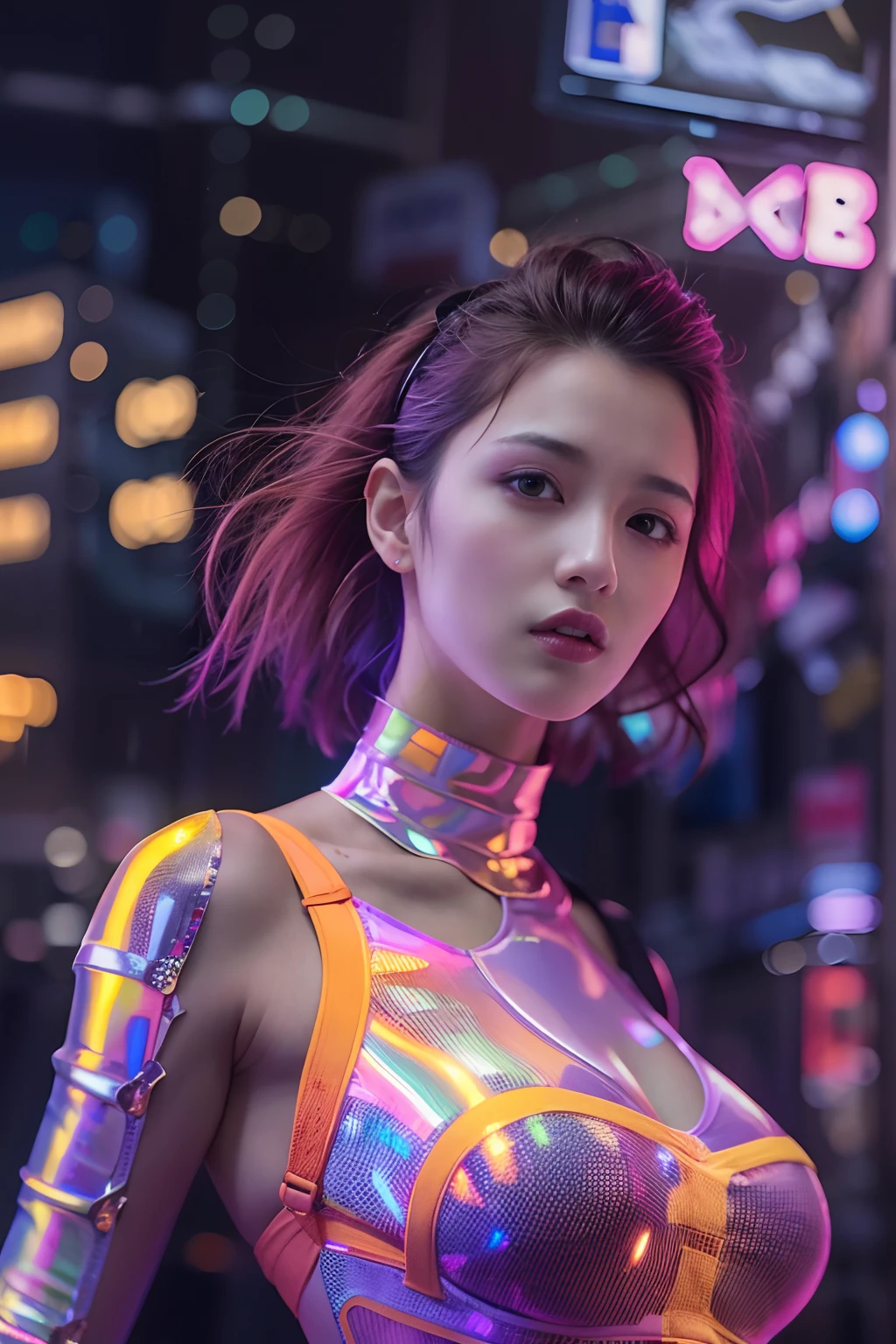 masutepiece, Dystopian city with neon signs and holograms projected on buildings and sky, Slim beautiful woman, Surrounded by neon-lit reflections of the cityscape, depth of fields, Beautiful woman with slim figure, Holographic in tight clothes, fit girl, Strong lighting of the bodysuit, an hourglass figure, High contrast clothing, Holographic clothing, (walking towards camera), (See the viewer's eyes), lip stick, Yellow Virtual Reality Glasses, long straight red hair, Night, cyberpunk aesthetic, Highly detailed lighting, Dramatic, in 8K, high-detail, Skin Texture, Realistic skin texture, armor, Best Quality, hight resolution, Photorealsitic