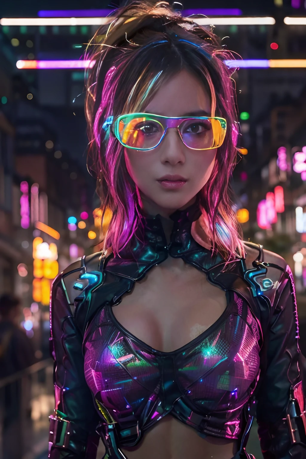 masutepiece, Dystopian city with neon signs and holograms projected on buildings and sky, Slim beautiful woman, Surrounded by neon-lit reflections of the cityscape, depth of fields, Beautiful woman with slim figure, Holographic in tight clothes, fit girl, Strong lighting of the bodysuit, an hourglass figure, High contrast clothing, Holographic clothing, walking towards camera, See the viewer's eyes, lip stick, Yellow Virtual Reality Glasses, long straight red hair, Night, cyberpunk aesthetic, Highly detailed lighting, Dramatic, in 8K, high-detail, Skin Texture, Realistic skin texture, armor, Best Quality, hight resolution, Photorealsitic