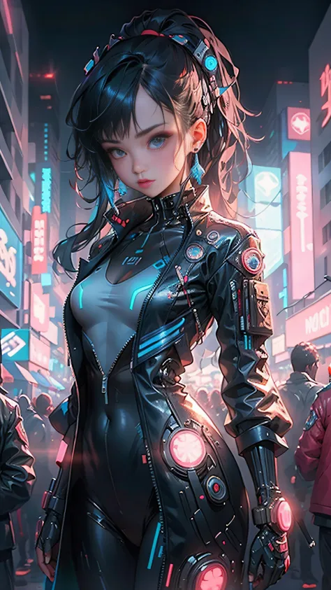 1girl,blue bodysuit,jacket,background, cyberpunk, neon color, science fiction