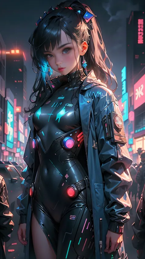 1girl,blue bodysuit,jacket,background, cyberpunk, neon color, science fiction