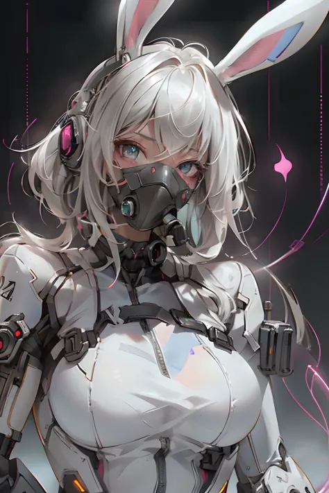 ((beste-Qualit)),Fille cyborg dans le style cyborg，cheveux gris，Coiffure longue queue de cheval，Wear headphones in the shape of rabbit ears and a gas mask，The gas mask has a green light on the surface，dressed in a white suit，There are long strips of pink l...