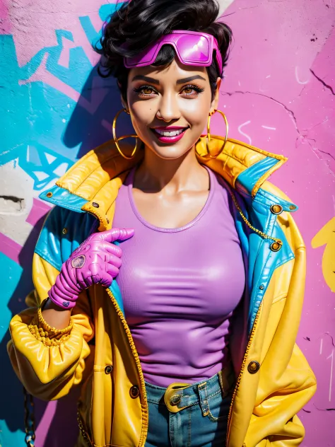 Jubilee,short black hair, brown eyes, solo, standing,  upper body,     covered ,   smile, 
jubJak,  open yellow jacket, purple shades on head, hoop earrings ,blue gloves, pink shirt, 
streets, chain fence,  retro,  graffiti, 
 (insanely detailed, beautiful...