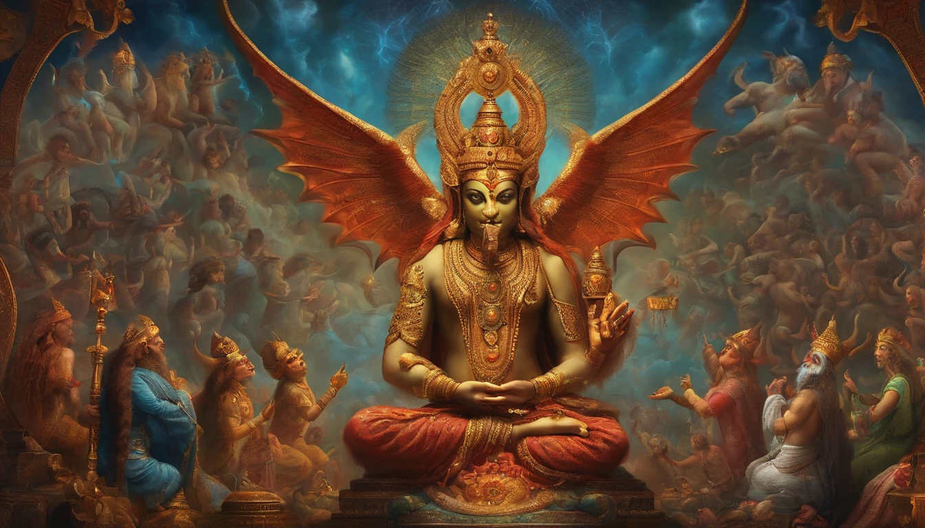 A painting of a statue of a demon sitting in a lotus position - SeaArt AI