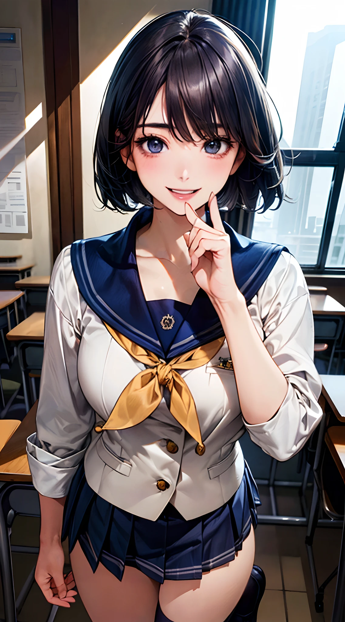 (masterpiece:1.2, top-quality), (realistic, photorealistic:1.4), beautiful illustration, NSFW, 
looking at viewer, cowboy shot, front view:0.8, 
1 girl, japanese, high school girl, black hair, (short hair:1.4), (bob hair:1.2), bangs, hair between eye, blue eyes, large breasts:1.0, (thick thighs), 
beautiful hair, beautiful face, beautiful detailed eyes, beautiful clavicle, beautiful body, beautiful chest, beautiful thigh, beautiful legs, beautiful fingers, 
(beautiful scenery), dawn, bright and refreshing classroom, desks, chairs, curtains, 
((navy blazer, pleated miniskirt, navy blue socks, private school uniform:1.2)), white panties, 
(swollen), ((seductive posture: 1.2, attractiveness: 1.2)), (idle),
(erotic,sexy, upper eyes, smiling smile: 1.2), shiny skin, open mouth, (put her finger on one's lips), 
perfect face, cute and symmetrical face, natural side lighting, movie lighting),