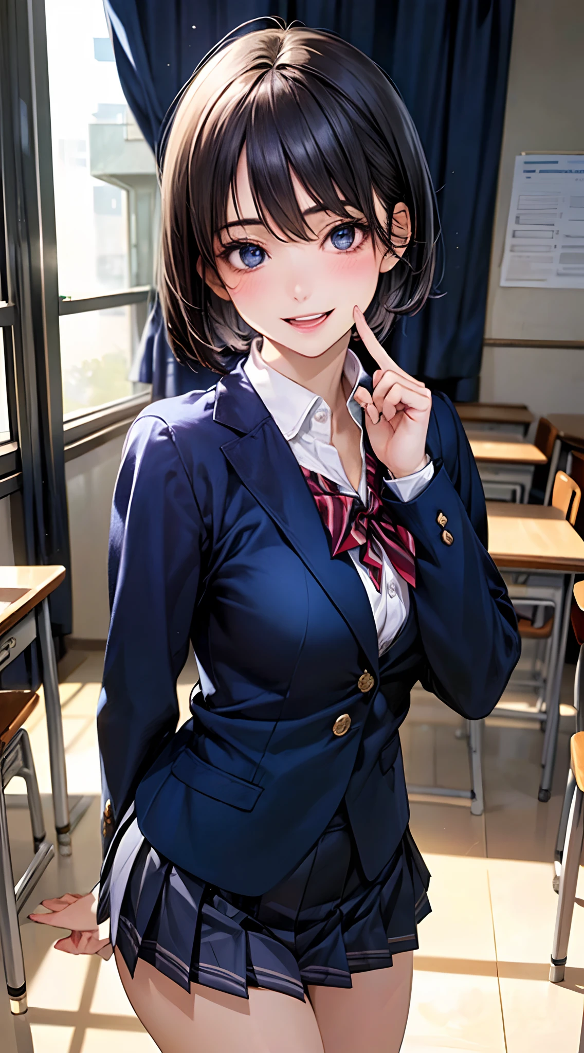 (masterpiece:1.2, top-quality), (realistic, photorealistic:1.4), beautiful illustration, NSFW, 
looking at viewer, cowboy shot, front view:0.8, 
1 girl, japanese, high school girl, black hair, (short hair:1.4), (bob hair:1.2), bangs, hair between eye, blue eyes, large breasts:1.0, (thick thighs), 
beautiful hair, beautiful face, beautiful detailed eyes, beautiful clavicle, beautiful body, beautiful chest, beautiful thigh, beautiful legs, beautiful fingers, 
(beautiful scenery), dawn, bright and refreshing classroom, desks, chairs, curtains, 
((navy blazer, pleated miniskirt, navy blue socks, private school uniform:1.2)), white panties, 
(swollen), ((seductive posture: 1.2, attractiveness: 1.2)), (idle),
(erotic,sexy, upper eyes, smiling smile: 1.2), shiny skin, open mouth, (put her finger on one's lips), 
perfect face, cute and symmetrical face, natural side lighting, movie lighting),