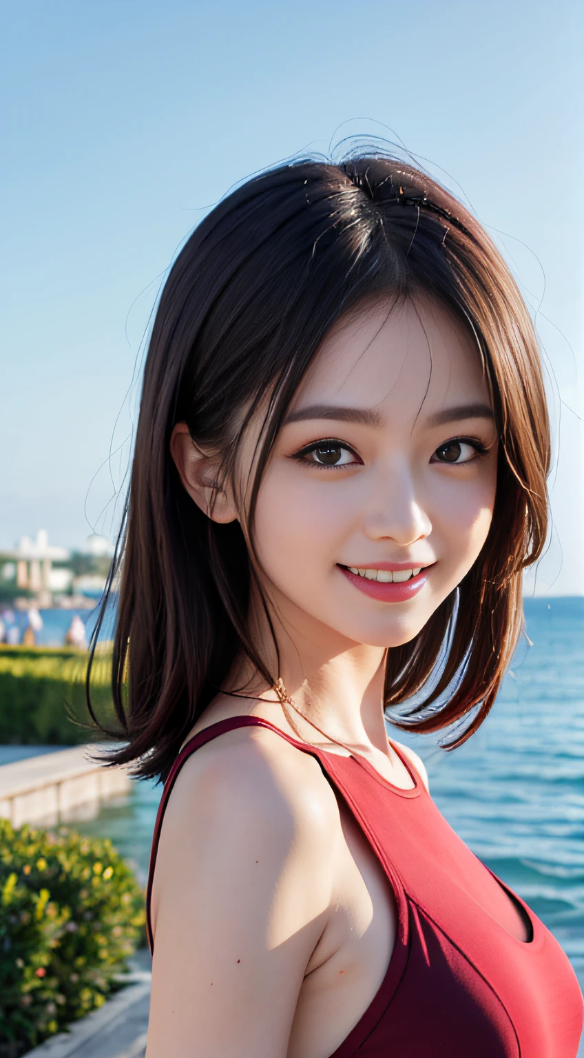 The upper part of the body、Medium Hair、masutepiece, Best Quality, 8K, 18year old, Teen, Raw photo, absurderes, award winning portrait, Solo, Under the blue sky、sea side、Red swimsuit, Idol face, violaceaess, gardeniass, Delicate girl,The chest isＤcups、 Upper body, Digital SLR, Looking at Viewer, Happy smile when you see this、Candid, Sophisticated,  Smile, Thin arms, Professional Lighting, Film grain, chromatic abberation, (Eyes and faces with detailed:1.0),