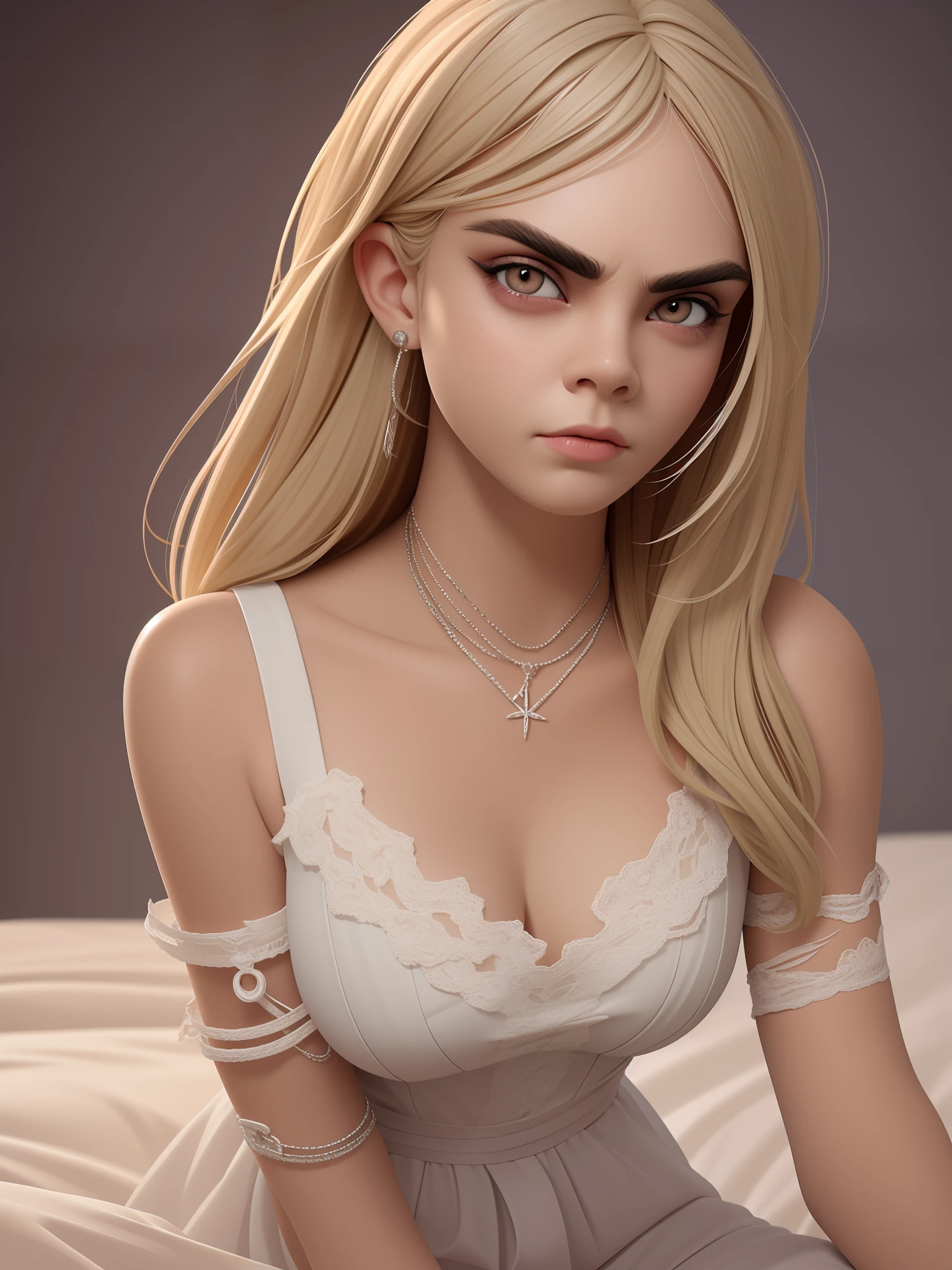 Blonde woman in a white dress sitting on a bed with a necklace, Photorealistic Render of Anime Girl, 3D render character art 8 k, CG anime soft art, April render, cute detailed digital art, deviantart artstation cgscosiety, Smooth 3D CG rendering, Trends on CGVatstation, Detailed digital anime art, High quality 8K detailed art