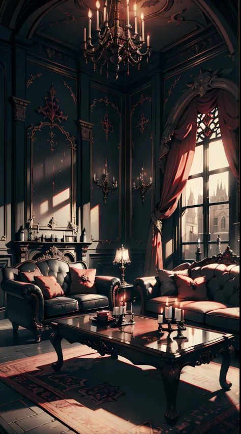Photography, red sofa, tea table, (Gothic living room, Gothic), Dim light, Gargoyles, Dark wallpaper,curtains, waxy candles, Sat...