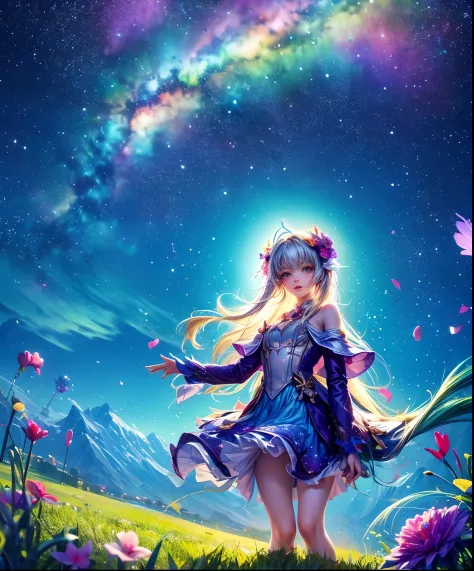 Cute girl character on grassy water、Describe the scene lying on the hill, Looking up at the starry sky. Surround her with colorf...