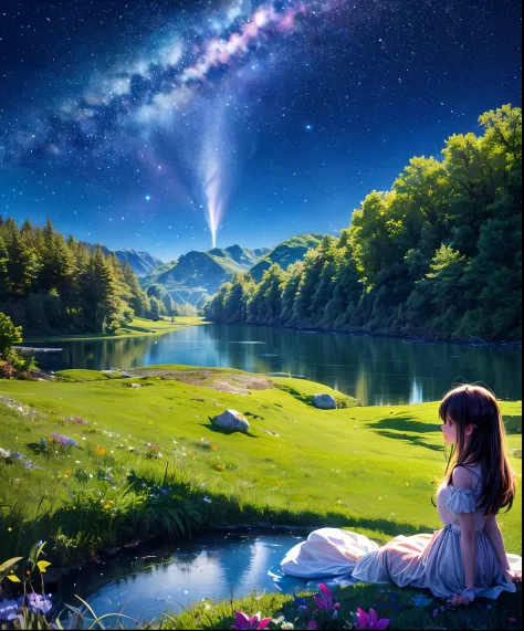Cute girl character on grassy water、Describe the scene lying on the hill, Looking up at the starry sky. Surround her with colorf...
