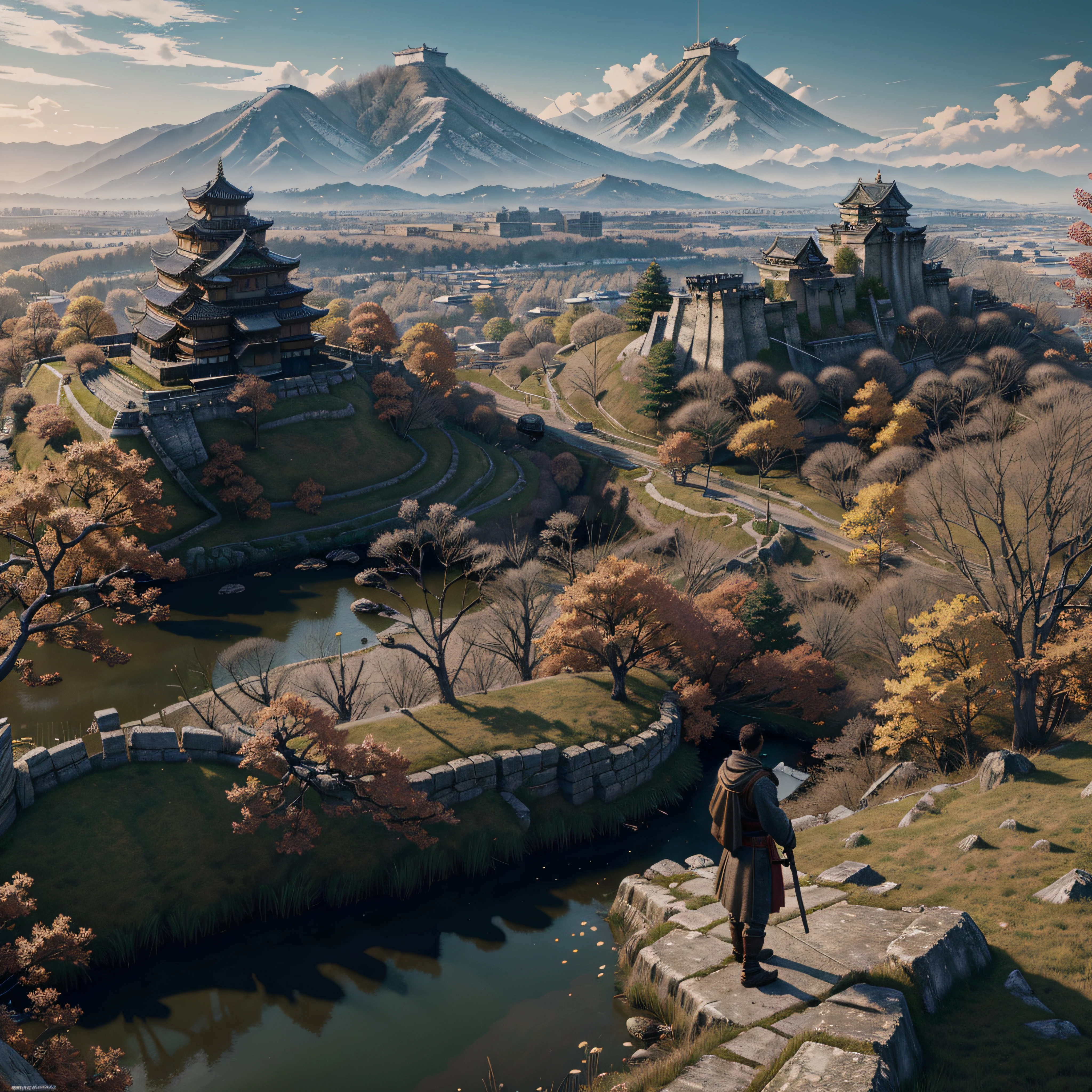 Masterpiece, best quality, (very detailed CG unit 8k wallpaper) (best quality), (best illustration), (best shadows) (male), sekiro on top of a cliff, looking at Ashina castle, feudal Japan, Ray tracing, sinister environment, ultra detailed, , impressionism style