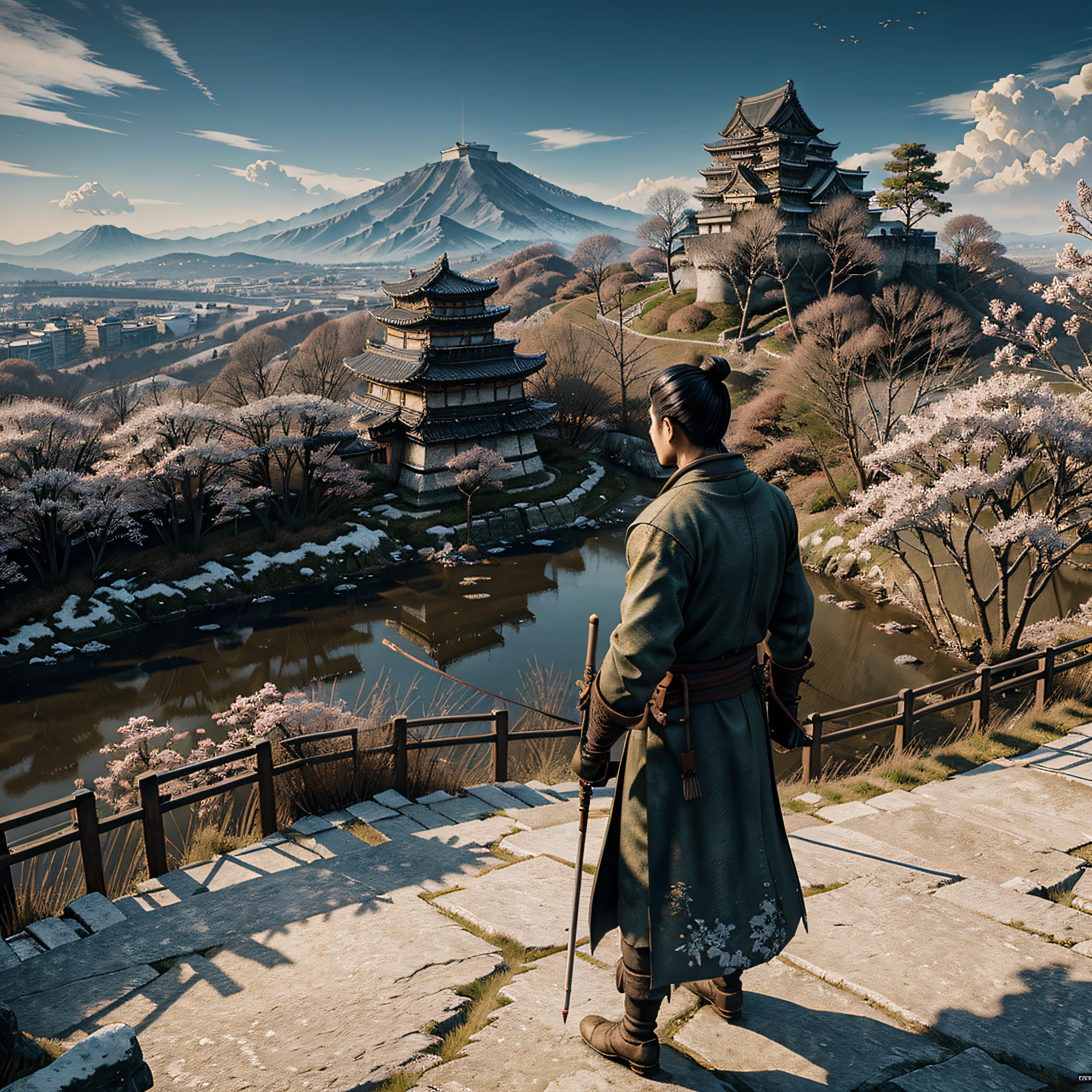 Obra maestra, mejor calidad, (Fondo de pantalla CG unidad 8k muy detallado) (mejor calidad), (mejor ilustración), (mejores sombras) (male), sekiro en la cima de un acantilado, mirando el castillo de Ashina, Japón feudal, trazado de rayos, ambiente siniestro, Ultra detallado, , Estilo impresionista