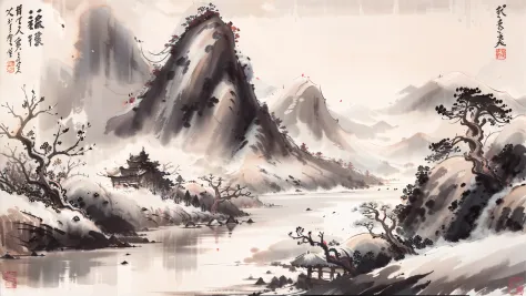 Traditional Chinese style，Black and white Chinese ink painting，water ink，ink，Smudge，Winters，nevando，Oyuki，In the distance, The mountains on all sides are covered with thick snow，On an empty and wide irregular circular lake, On a lonely ship, An old man in ...