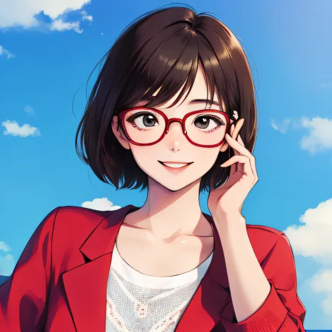 girl, with short hair, smiling, wearing glasses with one hand on her glasses