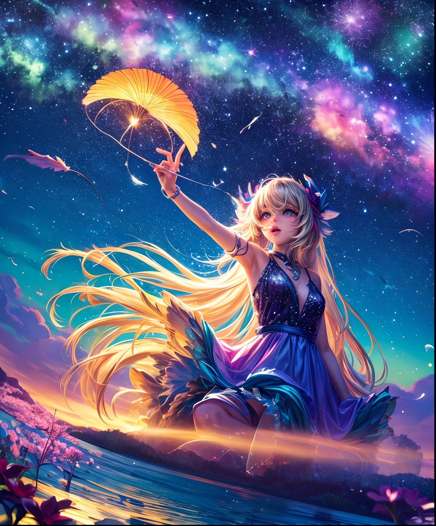 Describe a scene with a cute girl character lying on grassy water, Looking up at the starry sky. Surround her with colorful nebulae and her favorite constellations.