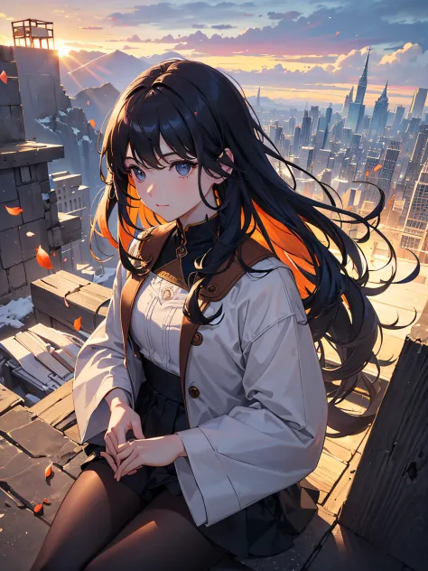 highest quality image, (masterpiece), (detailed: 1.4), perfect drawing, (ultra-realistic), expansive landscape photography, (a view from above that shows the city below and the expansive open countryside), a young girl sitting on the edge of the top of a b...