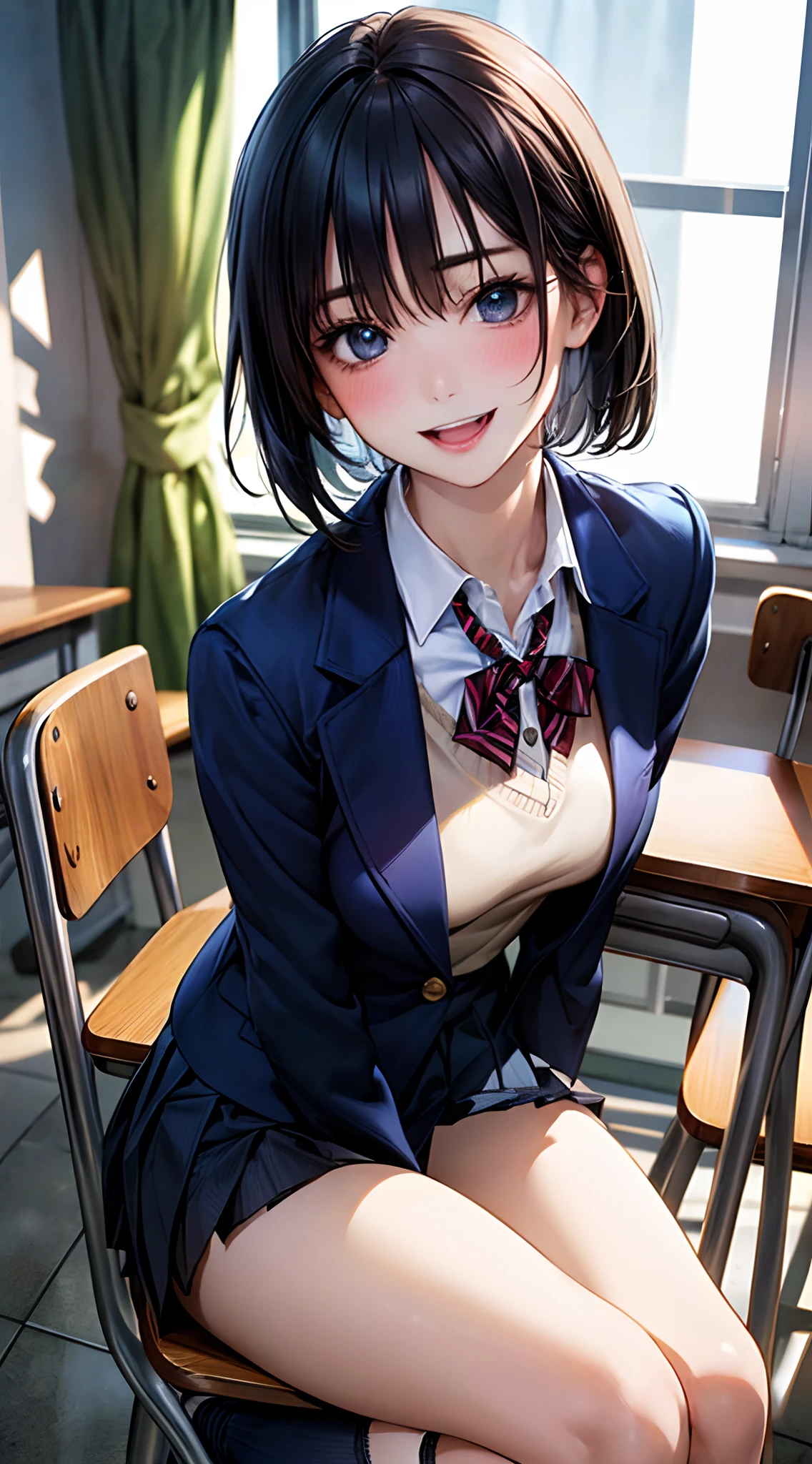 (masterpiece:1.2, top-quality), (realistic, photorealistic:1.4), beautiful illustration, NSFW, 
looking at viewer, cowboy shot, front view:0.8, 
1 girl, japanese, high school girl, black hair, (short hair:1.4), (bob hair:1.2), bangs, hair between eye, blue eyes, large breasts:1.0, (thick thighs), 
beautiful hair, beautiful face, beautiful detailed eyes, beautiful clavicle, beautiful body, beautiful chest, beautiful thigh, beautiful legs, beautiful fingers, 
(beautiful scenery), dawn, bright and refreshing classroom, desks, chairs, curtains, 
((navy blazer, pleated miniskirt, navy blue socks, private school uniform:1.2)), white panties, 
(swollen), ((seductive posture: 1.2, attractiveness: 1.2)), (idle),
(erotic,sexy, upper eyes, smiling smile: 1.2), shiny skin, open mouth, 
perfect face, cute and symmetrical face, natural side lighting, movie lighting),　
sitting chair, (hands between legs),