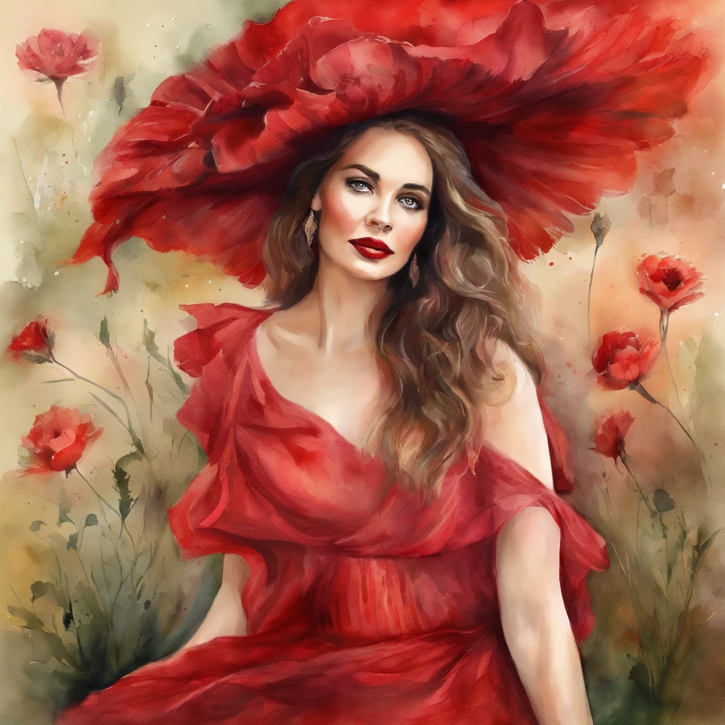 Painting of a woman in a red dress and hat sitting in a field of poppies -  SeaArt AI