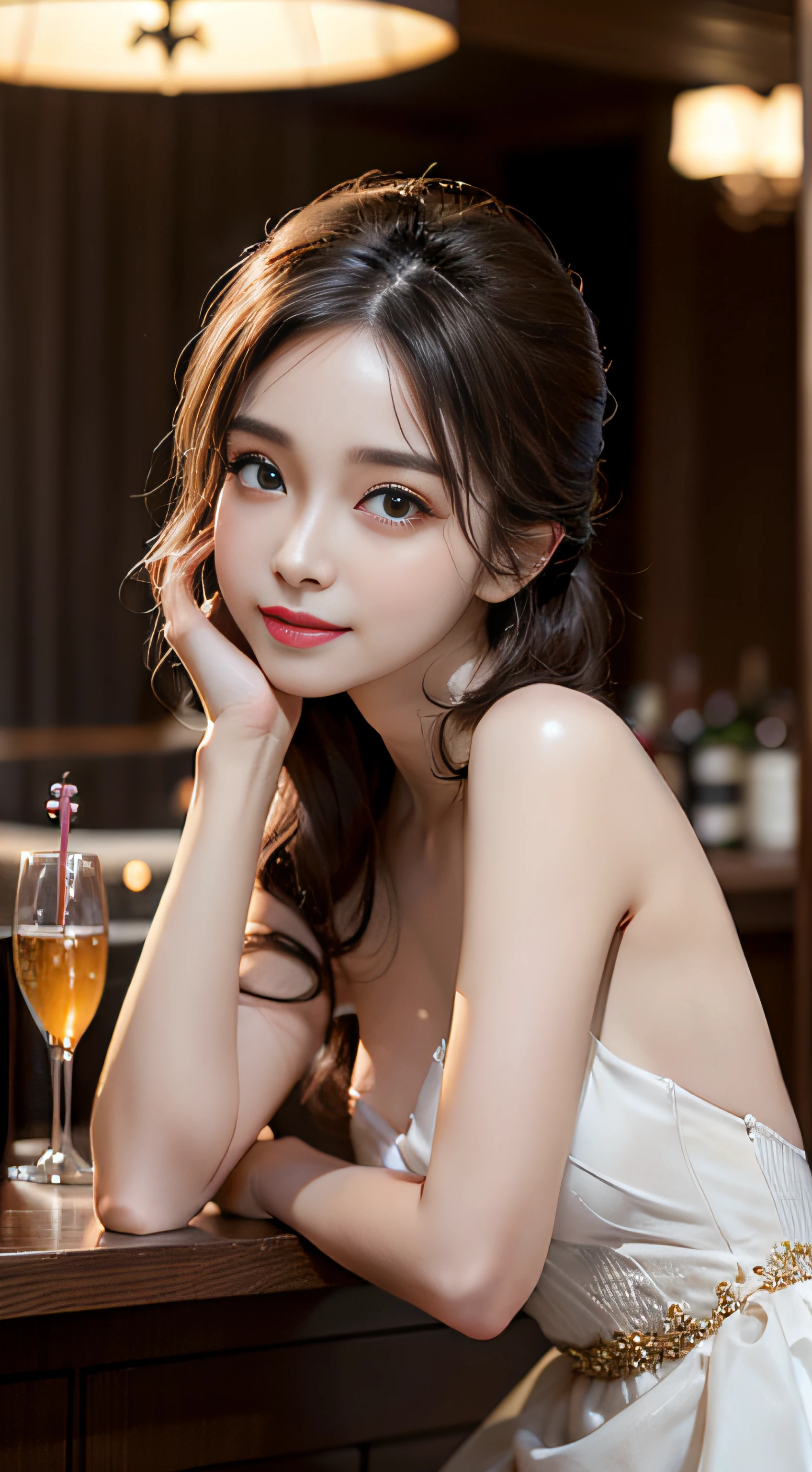 Elegant luxury bar counter、Beautuful Women、Transparent skin、Fine-grained skin、hiquality、pureerosface_v1:0.8、depth of fields、Photo Quality、smil