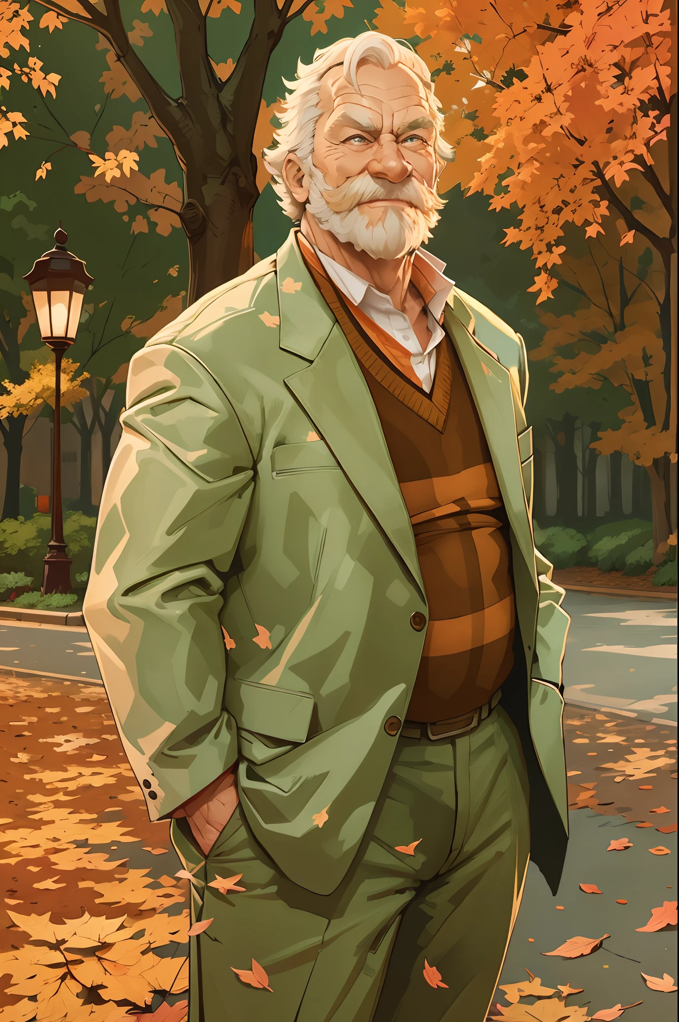 portrait, muscular old man in park, happy, autumn, suits, vector, mwvector