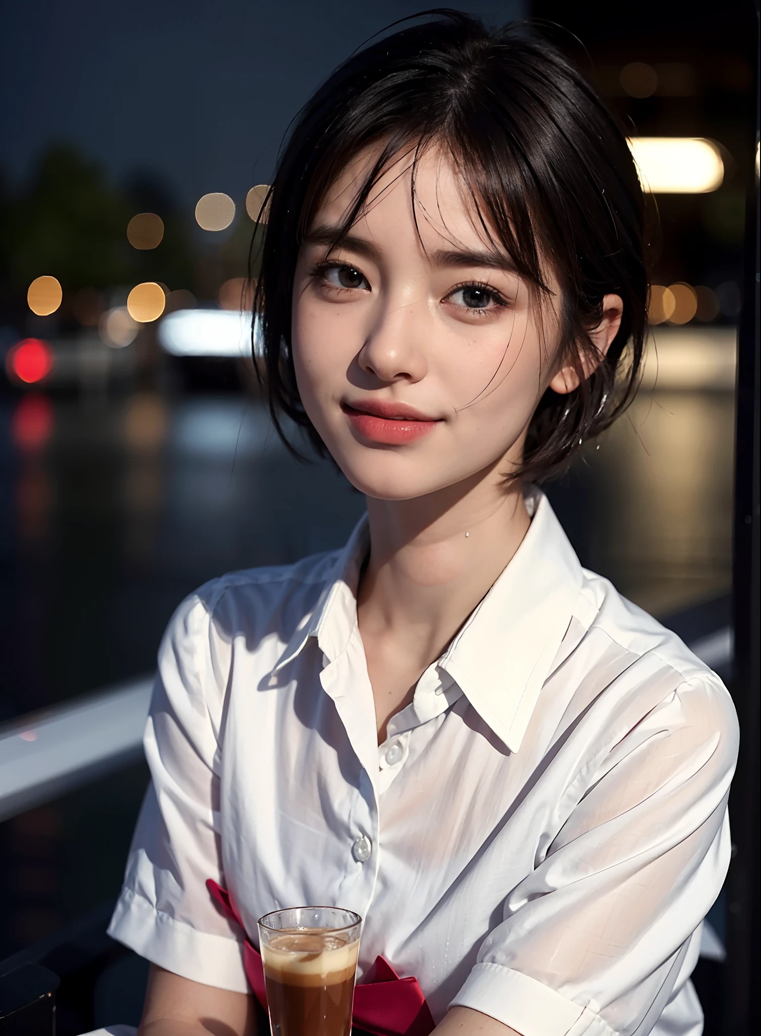 (8k, best quality, masterpiece:1.2), (realistic, photo-realistic:1.37), ultra-detailed, 1 girl,cute, solo,beautiful detailed sky,detailed cafe,night,sitting,dating,(nose blush),(smile:1.15),(closed mouth) small breasts,beautiful detailed eyes,(collared shirt:1.1), night, wet,business attire, rain,white lace, (short hair:1.2),floating hair NovaFrogStyle,