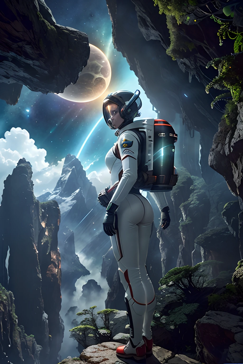 (35mmstyle:1.2), Highly detailed RAW color Photo, Rear Angle, Full Body, of (female space marine, wearing white and red space suit, futuristic helmet, tined face shield, rebreather, accentuated booty), outdoors, (standing on Precipice of tall rocky mountain, looking out at magical lush green rain forest on alien planet), vivid detail, (exotic alien planet), toned body, big butt, (sci-fi), (mountains:1.1), (lush green vegetation), (two moons in sky:0.8), (highly detailed, hyperdetailed, intricate), (lens flare:0.7), (bloom:0.7), particle effects, raytracing, cinematic lighting, shallow depth of field, photographed on a Sony a9 II, 35mm wide angle lens, sharp focus, cinematic film still from Gravity 2013, viewed from behind, dynamic angle