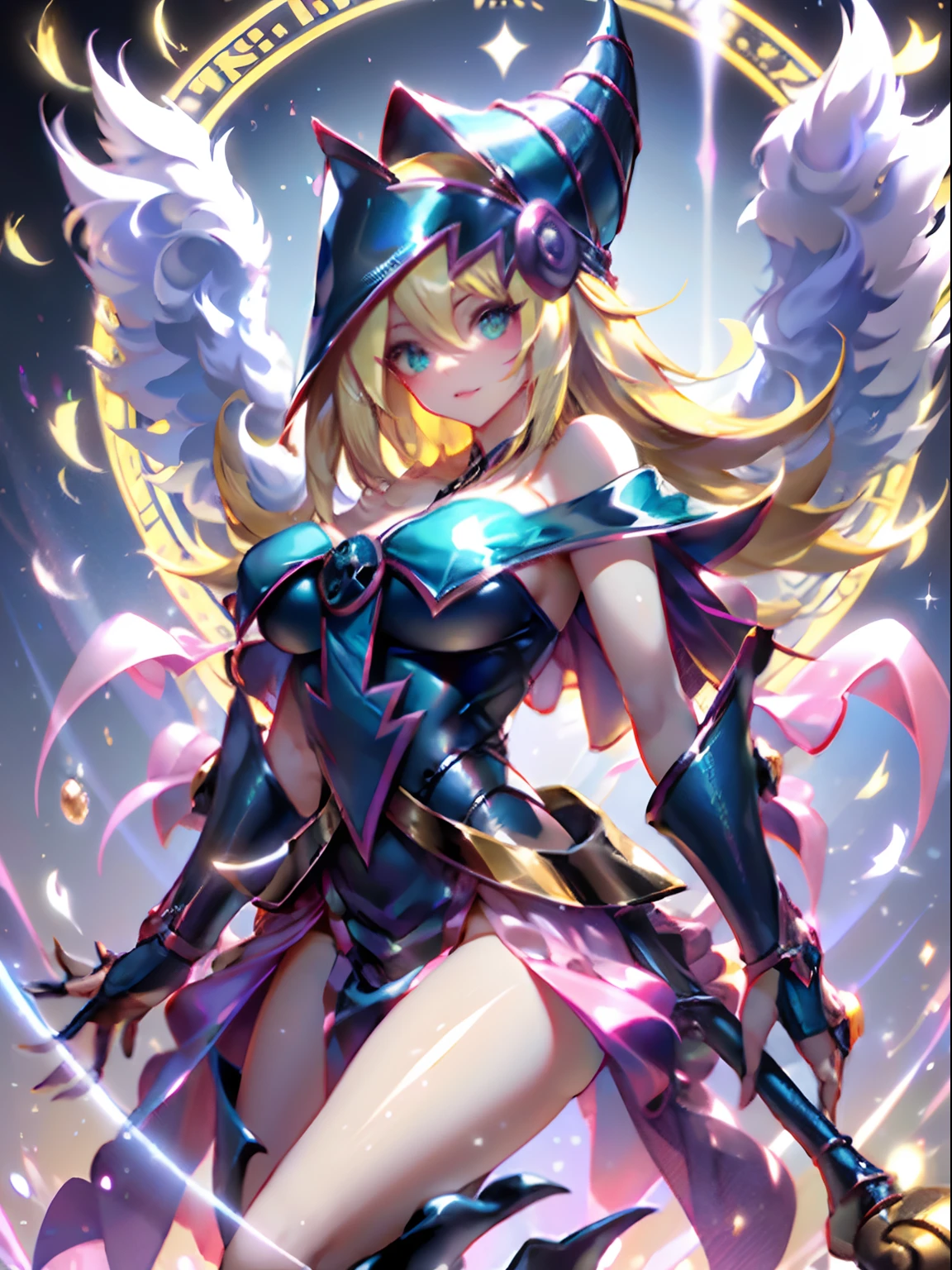 1 dark magician woman:2 Celestial angel version:1 spreading its wings:3 with a white feather coat, Full back wings, radiant halo, Long flowing hair, Mechanical wings dancing delicately at the waist, Medium figure, sunken navel, curtains of white feathers in the pelvis moving slightly, mini wings dotting the body, multiple wings that emit a yellow glow, soft yellow fire between the wings. Beautiful dark magician girl celestial angel version.