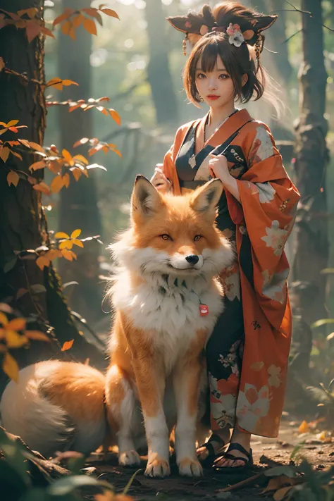 Two-shot photo of a girl and a fox,(Fantasia,Kitsune Yokai Four-Tailed Heavenly Fox,),(Girl and Fox Yokai: The Tale of the Four-...