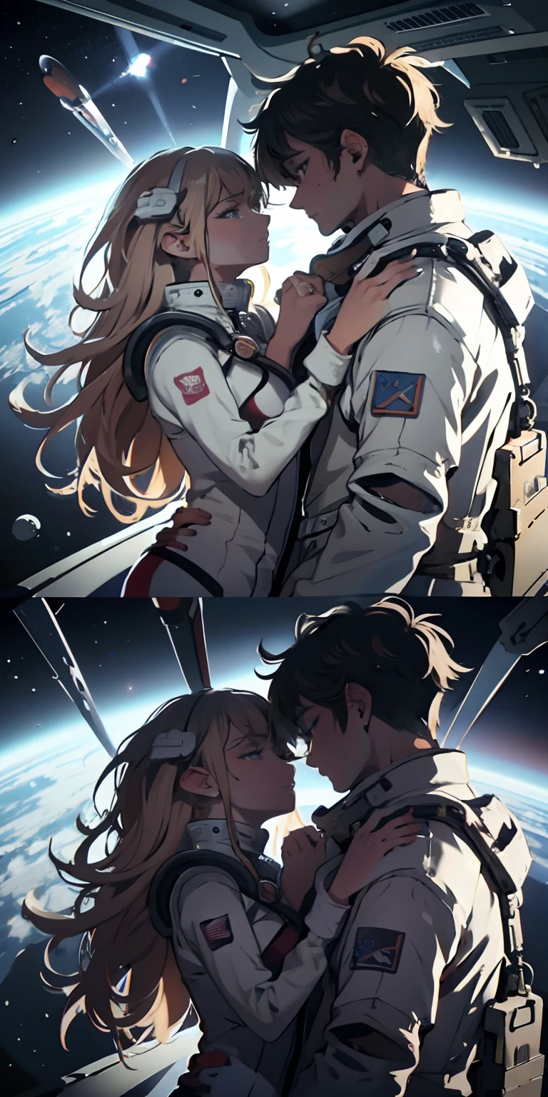 Absurd resolution, high resolution, (masterpiece:1.4), ultra-detailed, 1girl and 1boy kissing, in a spacesuit, seen from above, space, floating, satellite, outer space operation, wide-angle lens distortion