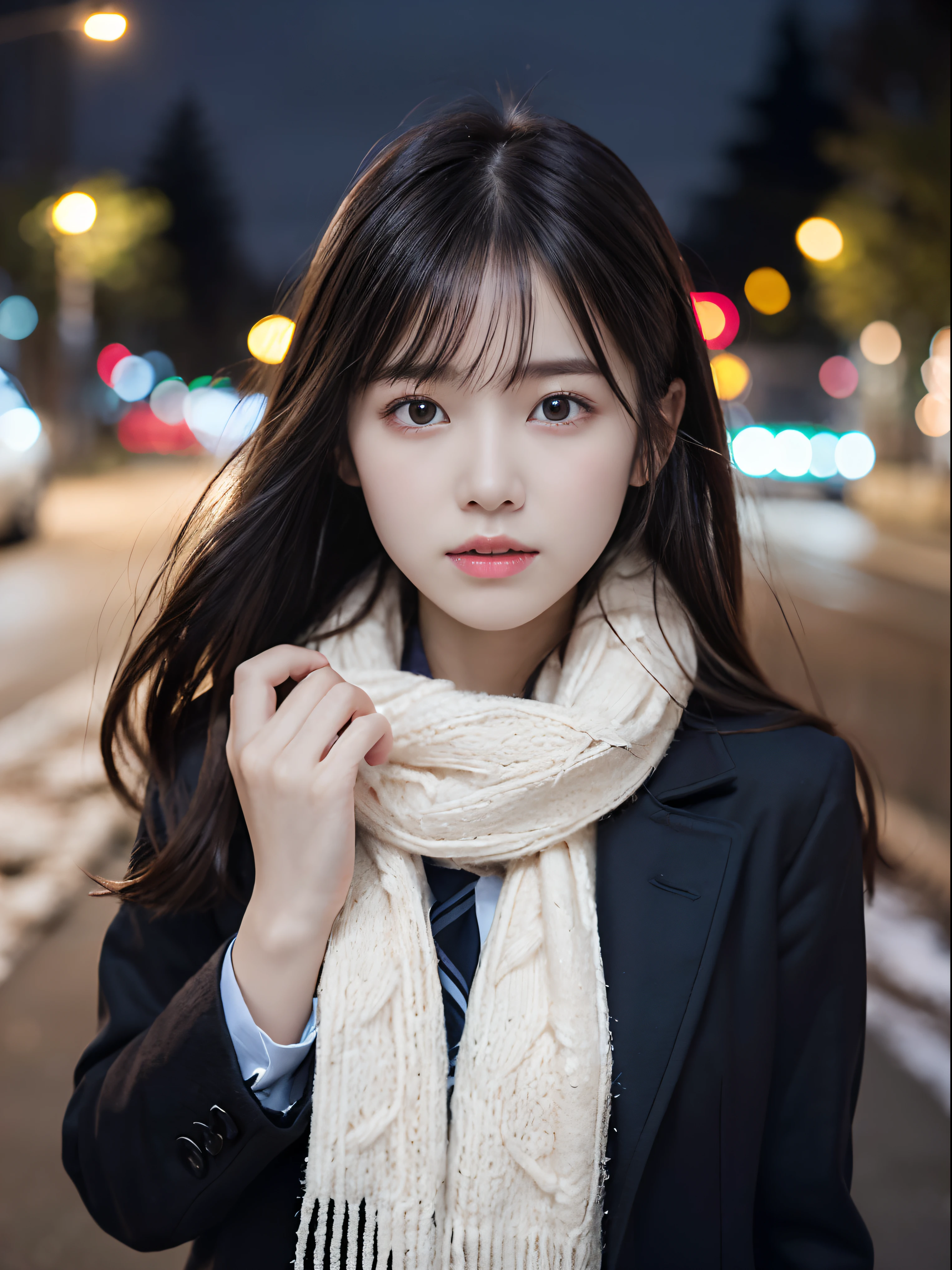 (Close up portrait of one girl has long hair with blunt bang in winter  and coat with scarf:1.5)、(One girl with sad face and hair fluttering in the wind :1.3)、(Street corner on a winter night with beautiful Christmas lights:1.5)、(Perfect Anatomy:1.3)、(No mask:1.3)、(complete fingers:1.3)、Photorealistic、Photography、masutepiece、top-quality、High resolution, delicate and pretty、face perfect、Beautiful detailed eyes、Fair skin、Real Human Skin、pores、((thin legs))、(Dark hair)