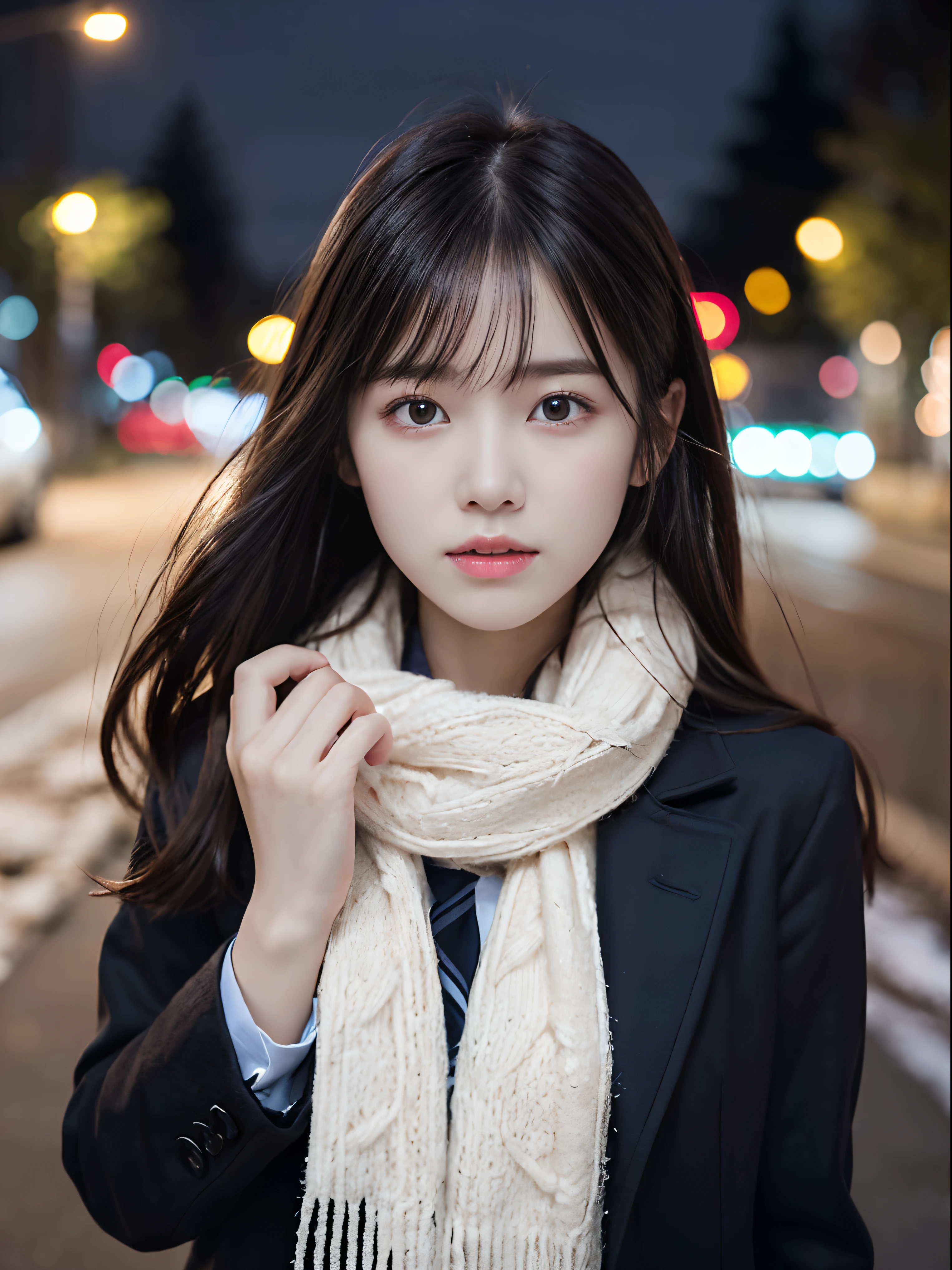 (Close up portrait of one girl has long hair with blunt bang in winter school uniform and coat with scarf:1.5)、(One girl with sad face and hair fluttering in the wind :1.3)、(Street corner on a winter night with beautiful Christmas lights:1.5)、(Perfect Anatomy:1.3)、(No mask:1.3)、(complete fingers:1.3)、Photorealistic、Photography、masutepiece、top-quality、High resolution, delicate and pretty、face perfect、Beautiful detailed eyes、Fair skin、Real Human Skin、pores、((thin legs))、(Dark hair)