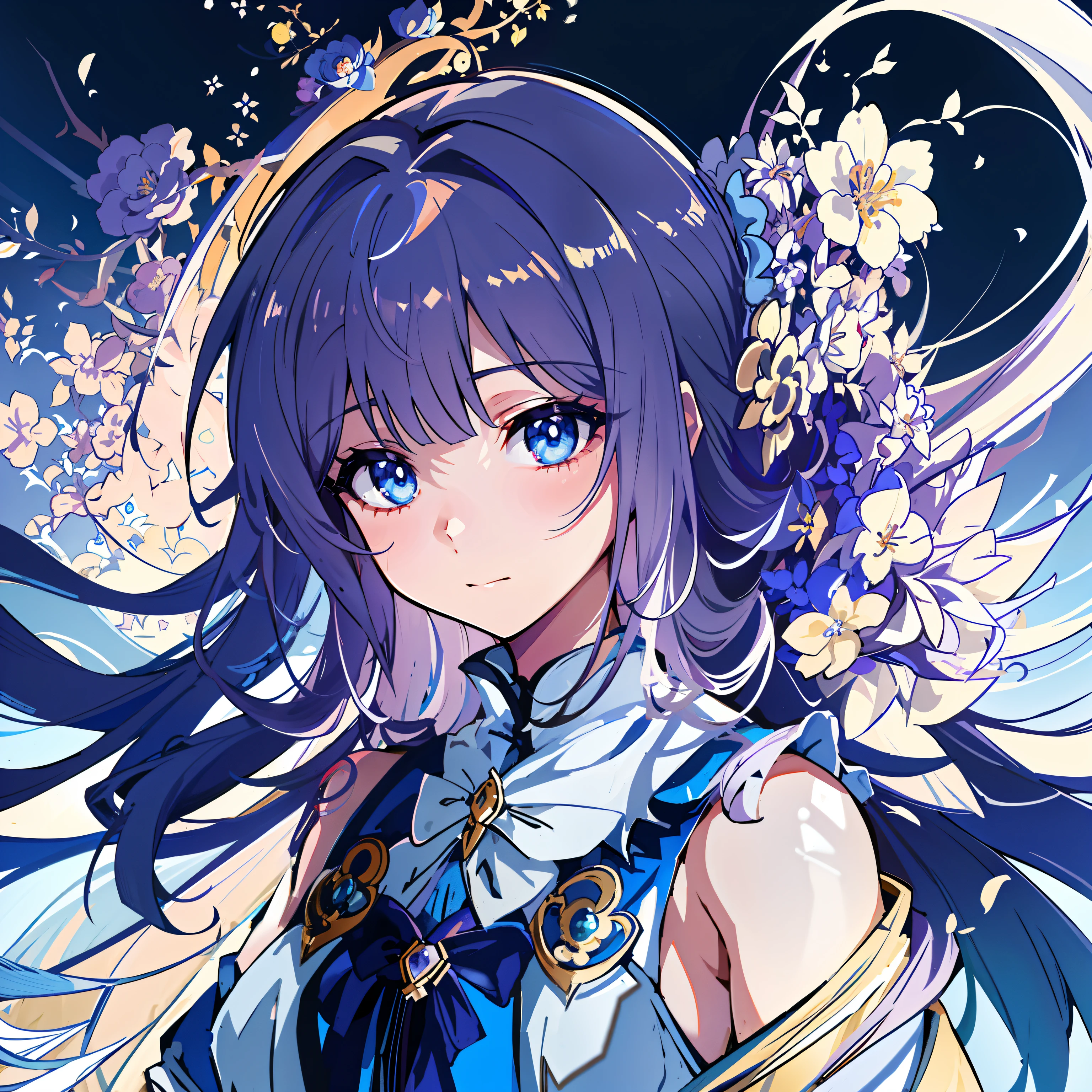 Anime girl with blue eyes and long hair in a blue dress, anime moe art style, Portrait Chevaliers du Zodiaque Fille, Ayaka Genshin impact, Detailed digital anime art, high detailed official artwork, Official artwork, ”beautiful anime woman, Anime art wallpaper 8 K, Anime art wallpaper 4k, Anime art wallpaper 4 K, a beautiful anime portrait, Beautiful celestial mage